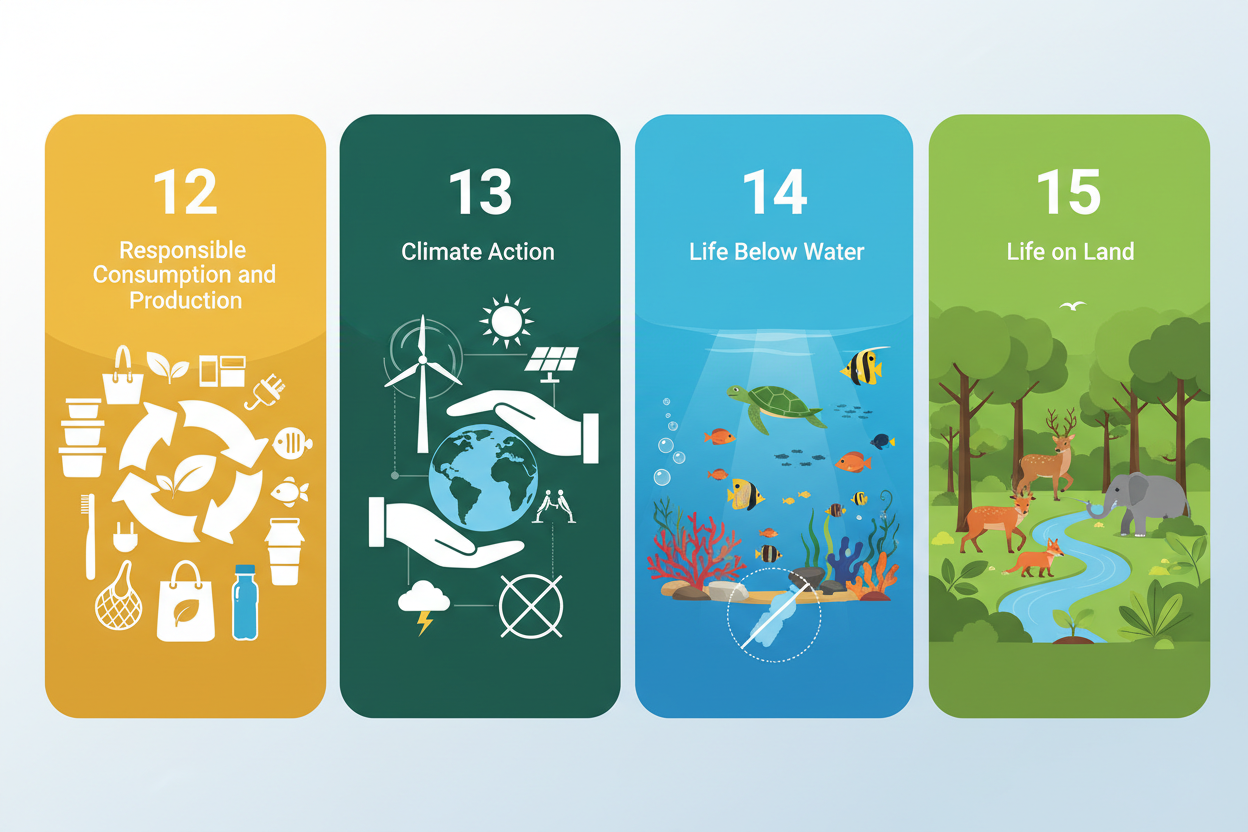 lag et bilde som representerer bærekratsmål 12, 13, 14 og 15 på en tydelig og fin måte